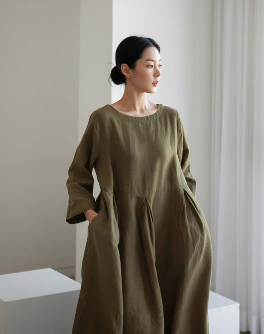Vestido Lino Suelto Talla Grande - Blusa Larga Estilo Estudiante Cuello Redondo - Image 17