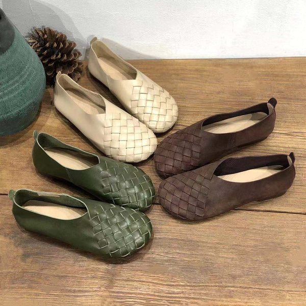 Zapatos Planos de Cuero Tejido con Punta Redonda - Estilo Retro Cómodo