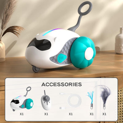 Interactive cat toy with white robotic base, orange wheels, and feather attachment, controlled by a remote, with a cat looking on. - Image 13