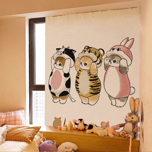 Cute cartoon curtain featuring a grey tabby kitten riding on a brown Shiba Inu puppy, with punch-free Velcro installation. - Image 14