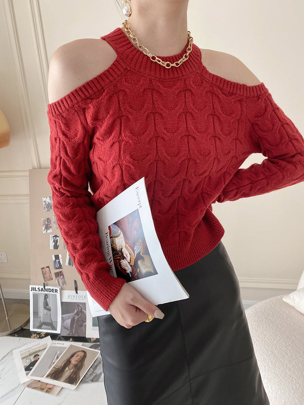 Suéter Tejido Hombro Descubierto para Mujer - Colores Sólidos Otoño