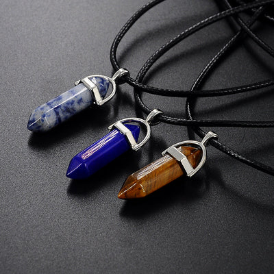 Collar Colgante de Piedra Natural con Cuerda de Cuero Doble y Cristal Hexagonal - Image 25