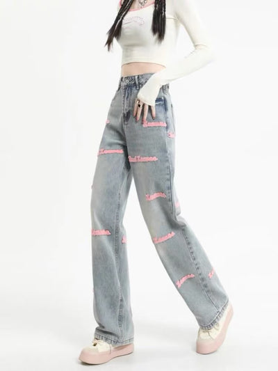 Jeans Rectos con Bordado de Letras Europeas - Image 3