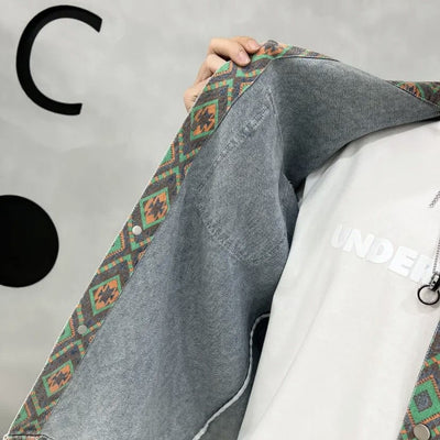 Chaqueta Vaquera Delgada Estampado Flor de Anacardo - Camisa Versátil para Hombre - Image 9