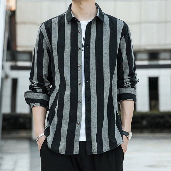 Camisa Casual de Rayas Anchas Estilo Japonés para Hombre