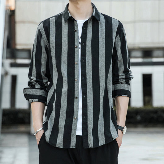 Camisa Casual de Rayas Anchas Estilo Japonés para Hombre - Image 2