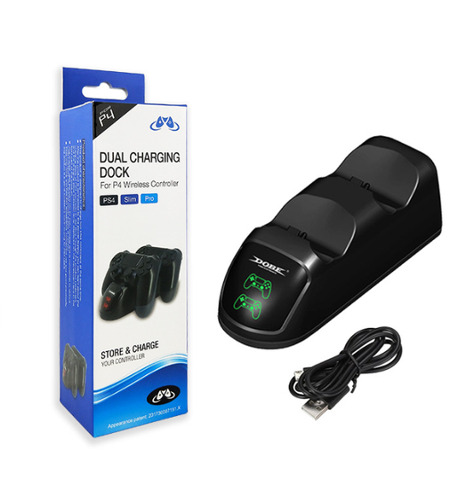 Black dual charging dock for PS4 wireless controllers with green LED indicators, shown with its retail box and USB cable.