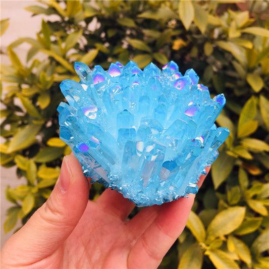 Clúster de Cristal Natural Electrochapado Azul y Blanco - Adorno Desmagnetizador de Escritorio
