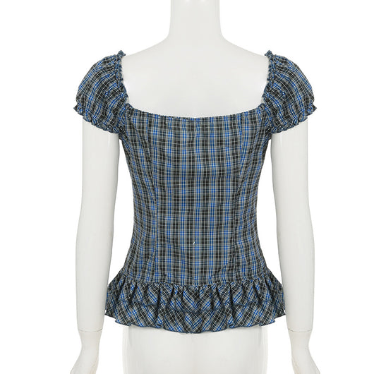 Camisa Cuadriculada Retro Francesa con Cuello Cuadrado Antiedad para Mujer - Image 23