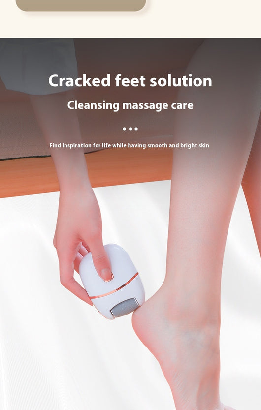 White and gold electric foot callus remover with a roller head, a replacement roller, cleaning brush, and USB cable. - Image 14