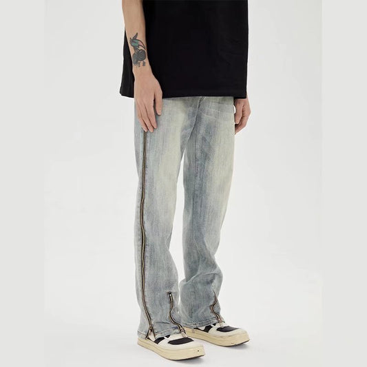 Pantalones Vaqueros Retro con Cierre Frontal y Cortes Laterales para Hombre