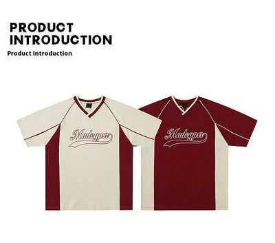 Men's khaki and red color contrast patchwork t-shirt with short raglan sleeves and a V-neck. - Image 14