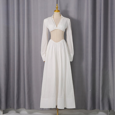 Conjunto Elegante de Dos Piezas: Blusa Corta Manga Larga con Escote Calado y Falda Maxi Cintura Alta - Image 8