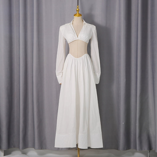 Conjunto Elegante de Dos Piezas: Blusa Corta Manga Larga con Escote Calado y Falda Maxi Cintura Alta - Image 8