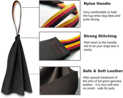 German Shepherd holding a black leather dog bite rag with a red, yellow, and black striped handle. - Image 4