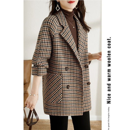 Abrigo de Lana Cuadros Houndstooth con Cuello Tipo Blazer para Mujer - Image 3
