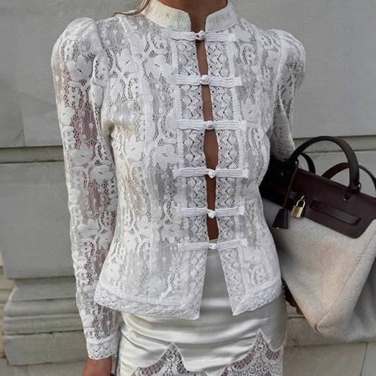 Blusa Jacquard Tejida con Cuello Mao y Mangas Abullonadas para Mujer - Blanco