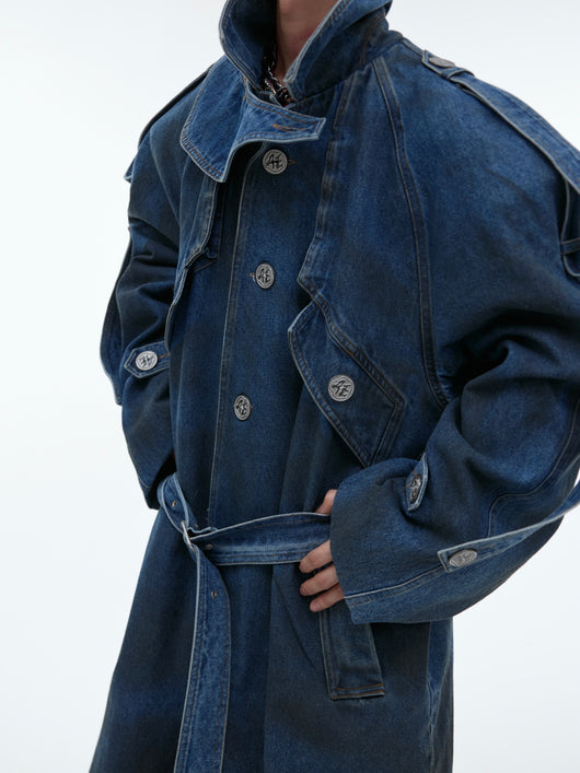 Abrigo Denim Largo con Hombros Acolchados Doble Capa - Image 5