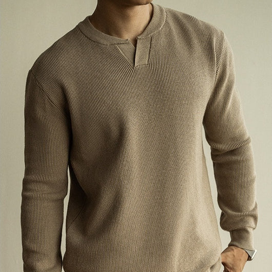 Suéter Henley Casual de Cuello V y Manga Larga para Hombre - Image 2