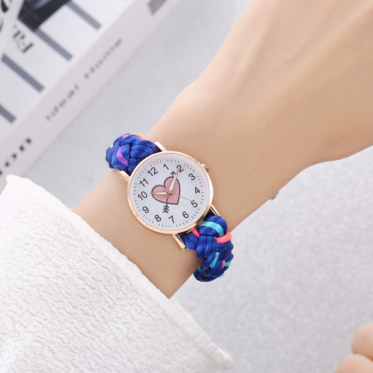 Pulsera Reloj Coreana Macaron Trenzada a Mano con Corazón Durazno