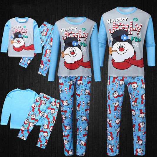 Christmas parent-child long sleeve pajamas with a snowman graphic on grey and blue tops, and patterned pants.