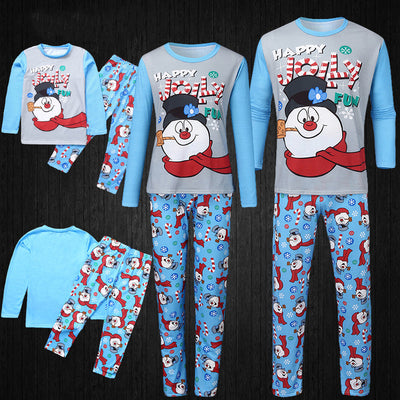 Christmas parent-child long sleeve pajamas with a snowman graphic on grey and blue tops, and patterned pants.