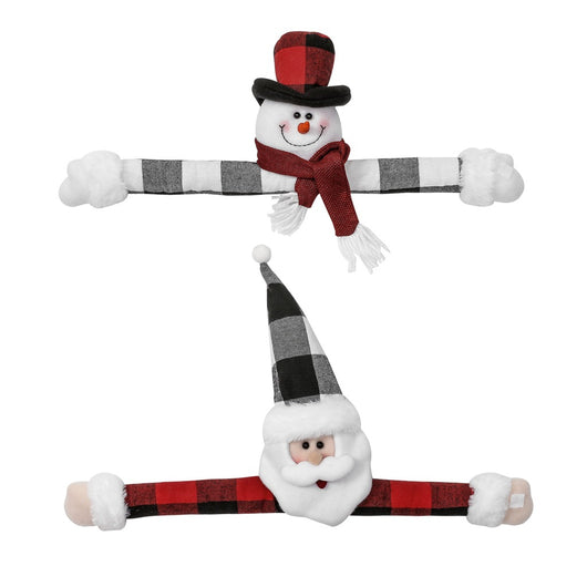 Santa Claus curtain buckle with a black and white buffalo plaid hat, white beard, and red body holding a blue curtain. - Image 3