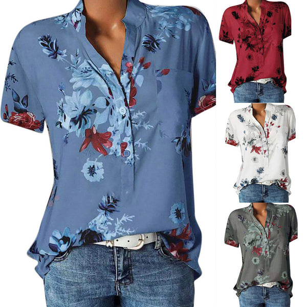 Blusa Estampada de Flores con Cuello en V y Manga Corta