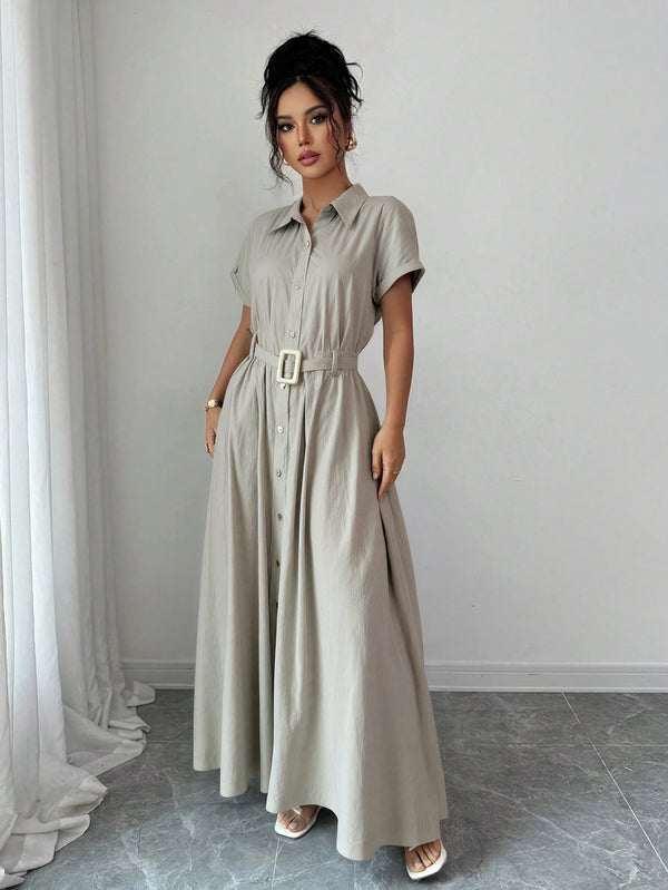 Vestido Maxi Entallado con Mangas Cortas
