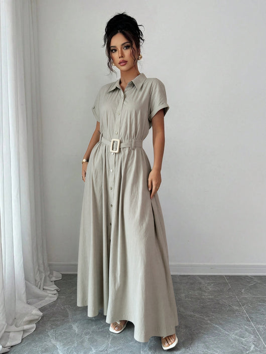 Vestido Maxi Entallado con Mangas Cortas