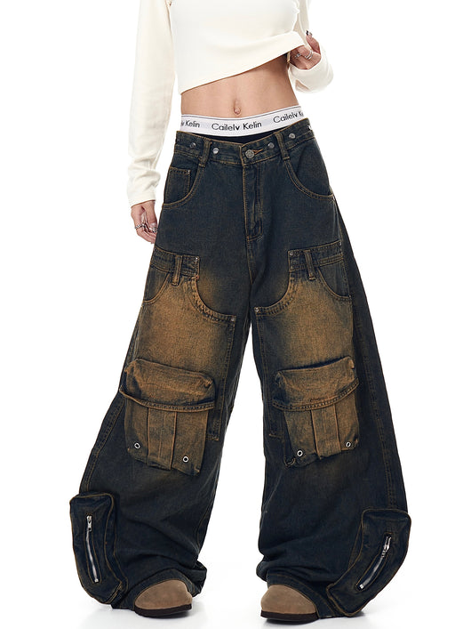 Pantalones Cargo Vintage Desgastados Multi-bolsillos Pierna Ancha Suelta - Image 3