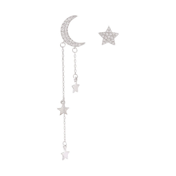 Aretes Asimétricos de Plata Esterlina con Luna, Estrella y Borla para Niña