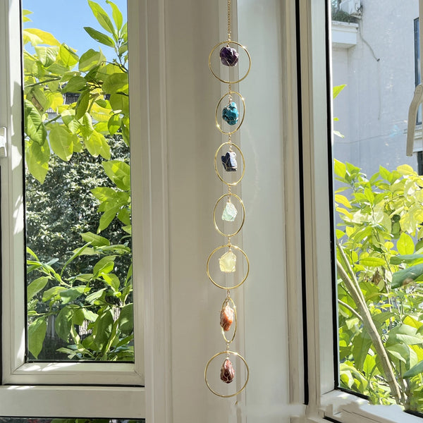Atrapasol de Cristal Natural con 7 Colores y Carillón de Viento Energético