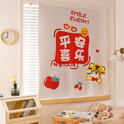 Printed Velcro cabinet curtain with a cartoon oil painting of white and yellow tulips under a light blue sky with clouds and a crescent moon. - Image 10
