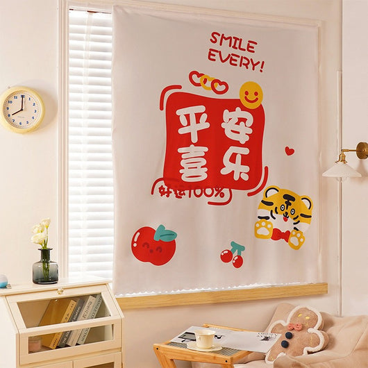 Printed Velcro cabinet curtain with a cartoon oil painting of white and yellow tulips under a light blue sky with clouds and a crescent moon. - Image 10