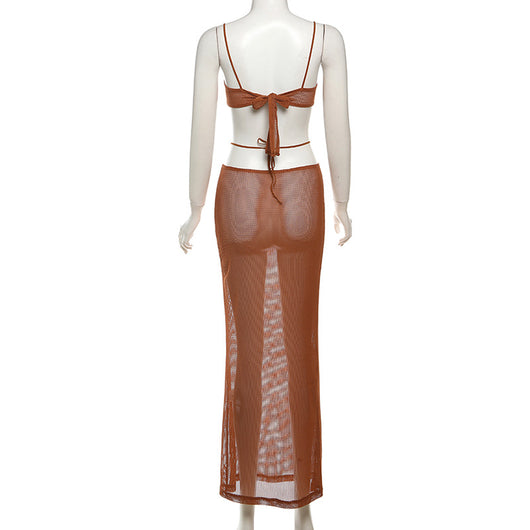 White see-through bikini skirt suit with a mesh bralette top and sheer knit maxi skirt with gold chain details. - Image 29