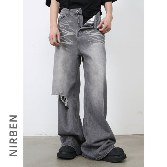 Calça Jeans Reta Folgada Rasgada Masculina Estilo Retrô Americano
