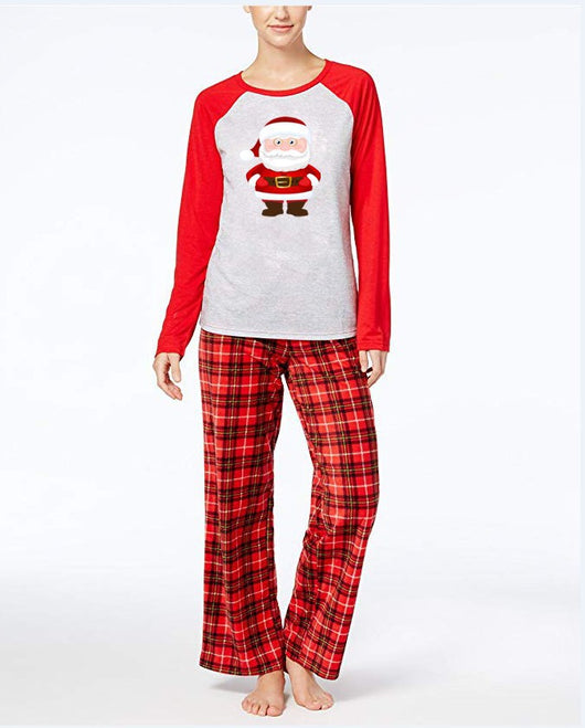 Young boy wearing a Christmas pajama set with a grey Santa Claus raglan shirt and red plaid pants. - Image 7