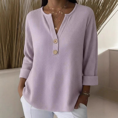 Blusa Suelta de Punto Waffle con Cuello V y Manga Larga - Image 4