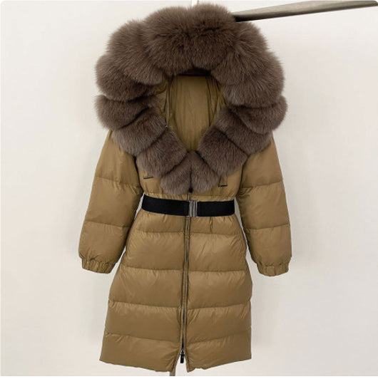 Abrigo Hoodie Largo para Mujer con Cuello de Piel de Zorro y Cintura Ajustada - Image 19