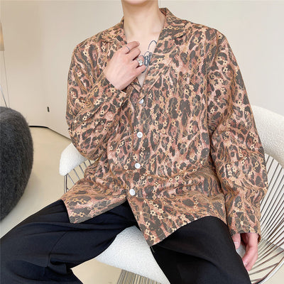 Camisa Elegante Cuello Solapa con Encaje y Estampado Leopardo para Hombre - Image 6