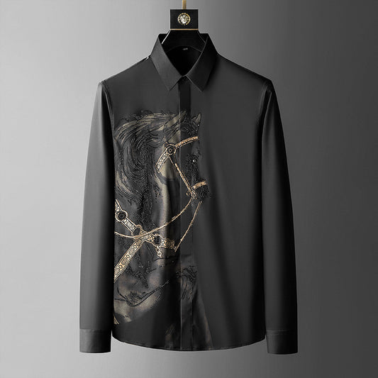 Camisa Slim Fit Hombre Manga Larga con Strass y Efecto Sin Planchado