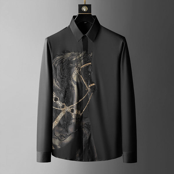 Camisa Slim Fit Hombre Manga Larga con Strass y Efecto Sin Planchado