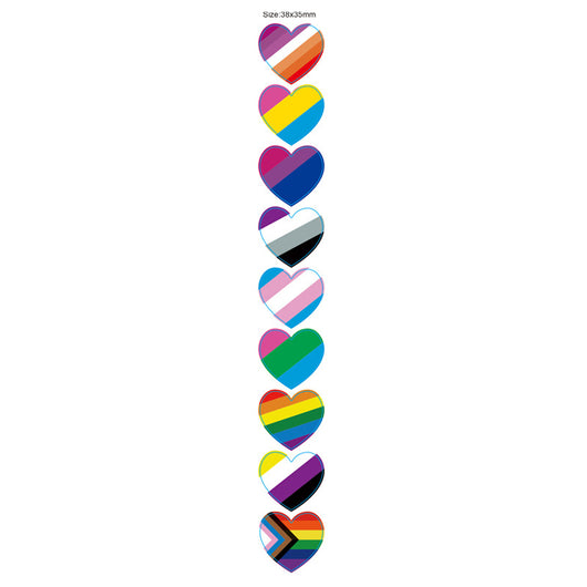 Roll of heart-shaped stickers featuring the Progress Pride flag design with rainbow and chevron stripes. - Image 8
