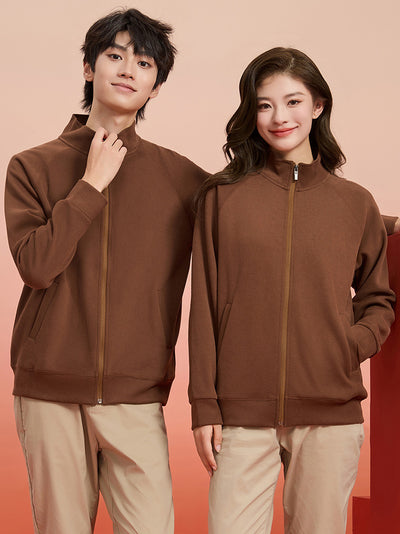 Purple full-zip jacket with a stand-up collar, raglan sleeves, and front pockets, displayed on a hanger. - Image 17