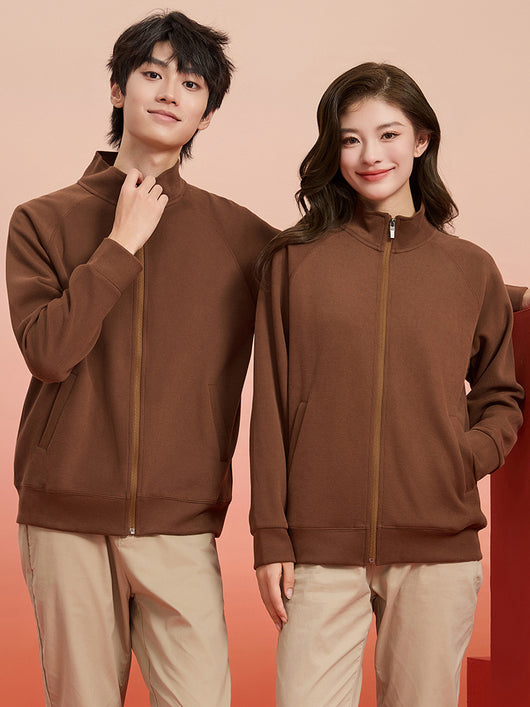 Purple full-zip jacket with a stand-up collar, raglan sleeves, and front pockets, displayed on a hanger. - Image 17