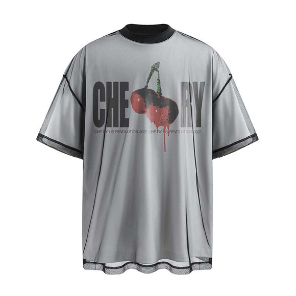 Camiseta Hombre Estampado Cereza Diseño Letras - Doble Capa Manga Corta