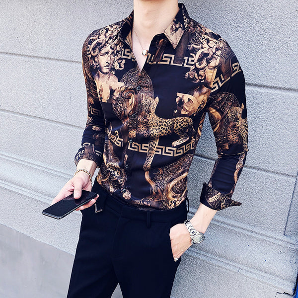 Camisa Estampada Manga Larga Ajuste Slim Estilo Coreano