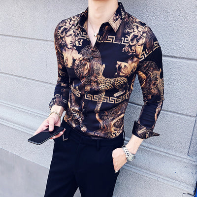 Camisa Estampada Manga Larga Ajuste Slim Estilo Coreano