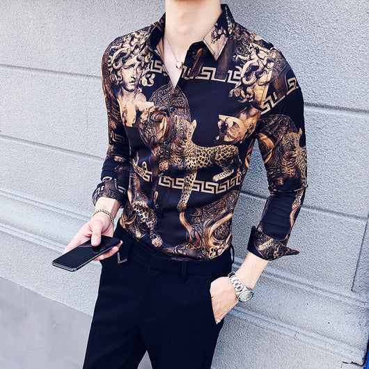 Camisa Estampada Manga Larga Ajuste Slim Estilo Coreano